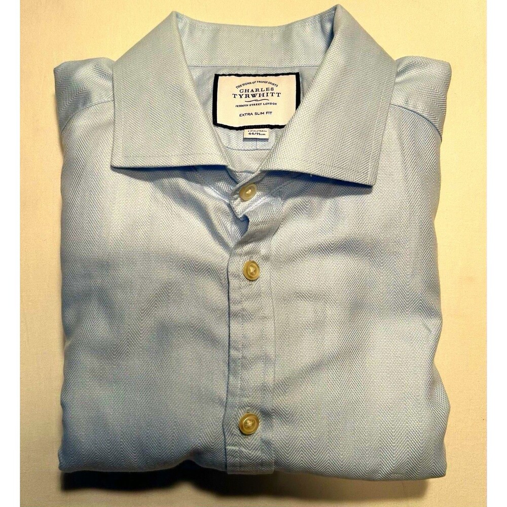 CHARLES TYRWHITT Men’s Blue Dress Shirt Size L Large 17.5/36 Extra Slim